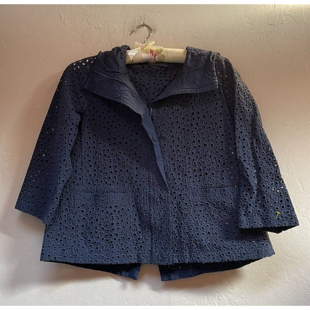 Heart HaaT by Issey Miyake Full- Zip Embroidered Eyelet Hoodie Jacket Sz 3 Navy